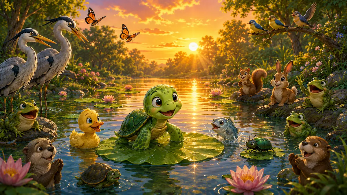Toby the Turtle celebrating with woodland animals beside a sparkling clean pond at sunset