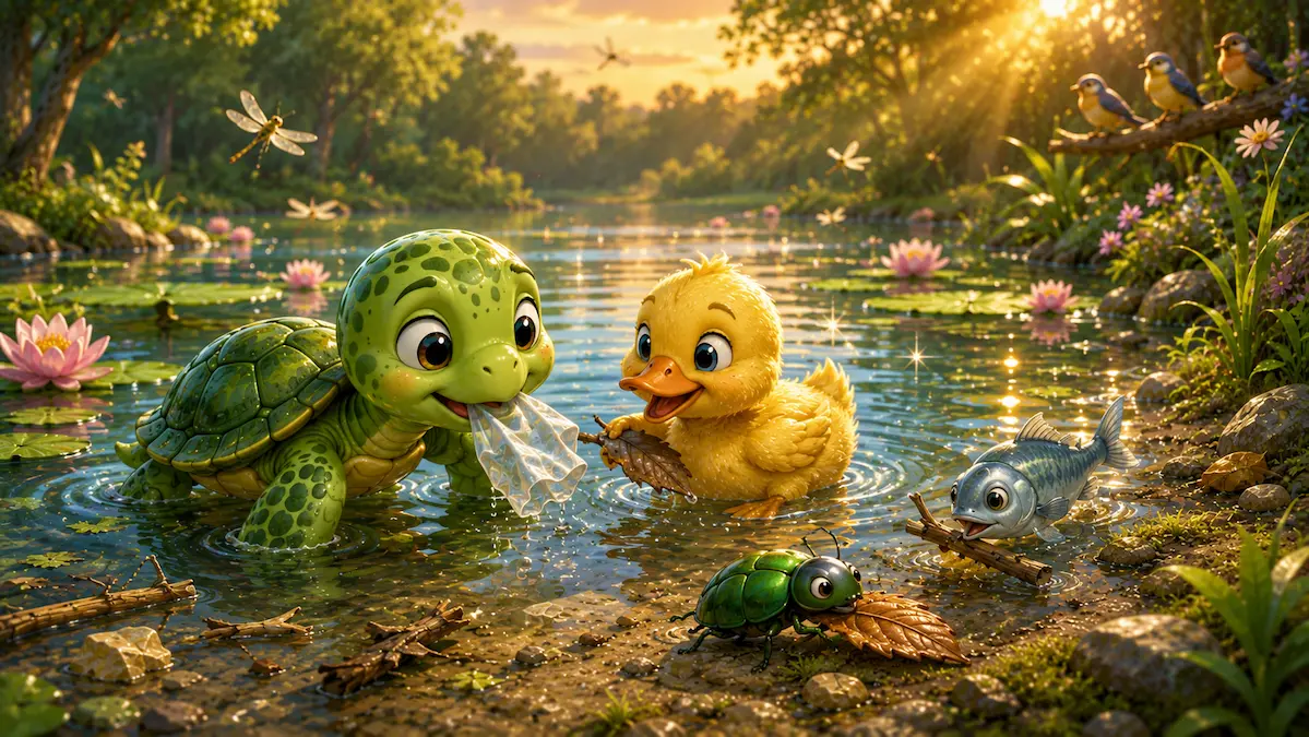 Toby the Turtle and his animal friends working together to clean the sparkling pond