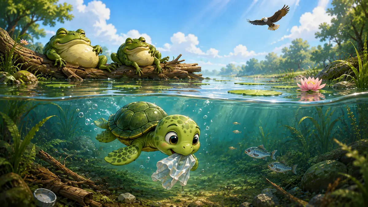 Toby the Turtle cleaning plastic from the pond while frogs ignore the mess