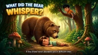 A digital story illustration showing a massive brown bear leaning over a sleeping boy on a forest path, with the text "WHAT DID THE BEAR WHISPER?" and "A true friend never abandons you in difficult times."