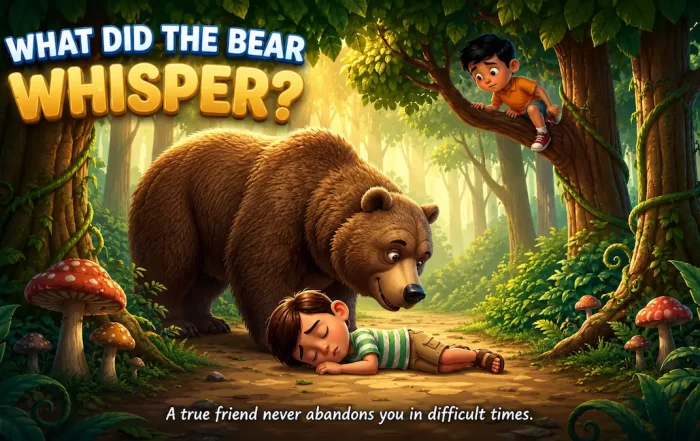 A digital story illustration showing a massive brown bear leaning over a sleeping boy on a forest path, with the text "WHAT DID THE BEAR WHISPER?" and "A true friend never abandons you in difficult times."