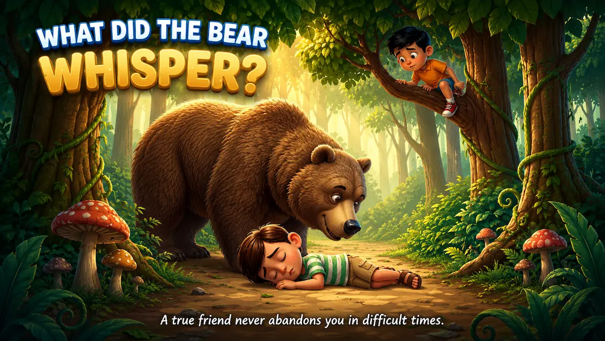 A digital story illustration showing a massive brown bear leaning over a sleeping boy on a forest path, with the text "WHAT DID THE BEAR WHISPER?" and "A true friend never abandons you in difficult times."
