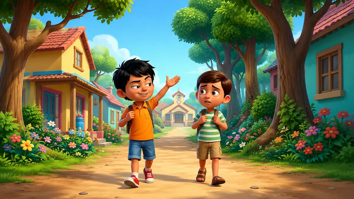 Two young cartoon boy friends with backpacks walking along a sunny dirt path in a colorful village, heading toward a forest journey.