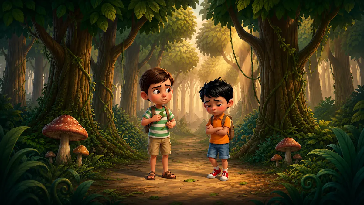 A cartoon boy in an orange shirt looks guilty with crossed arms while his friend in a striped shirt confronts him on a forest path.