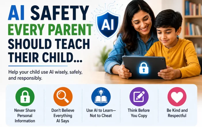 Parent teaching a child how to use artificial intelligence safely and responsibly on a laptop.