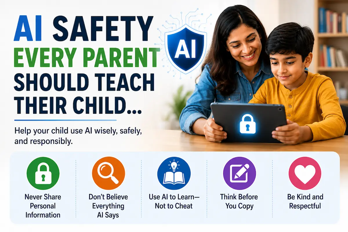 Parent teaching a child how to use artificial intelligence safely and responsibly on a laptop.