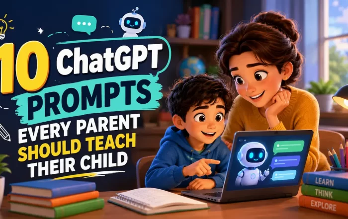 Parent and child using ChatGPT together on a laptop while learning at home with AI guidance.