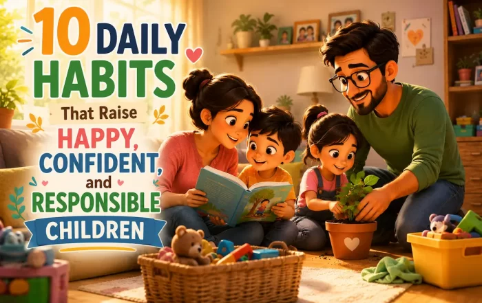 Pixar-style illustration of a happy family reading together and caring for a plant, representing daily habits that help raise happy, confident, and responsible children.