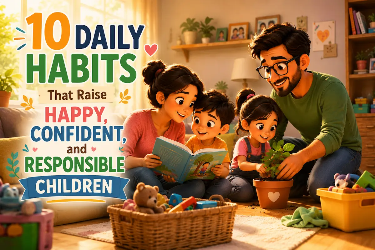 Pixar-style illustration of a happy family reading together and caring for a plant, representing daily habits that help raise happy, confident, and responsible children.