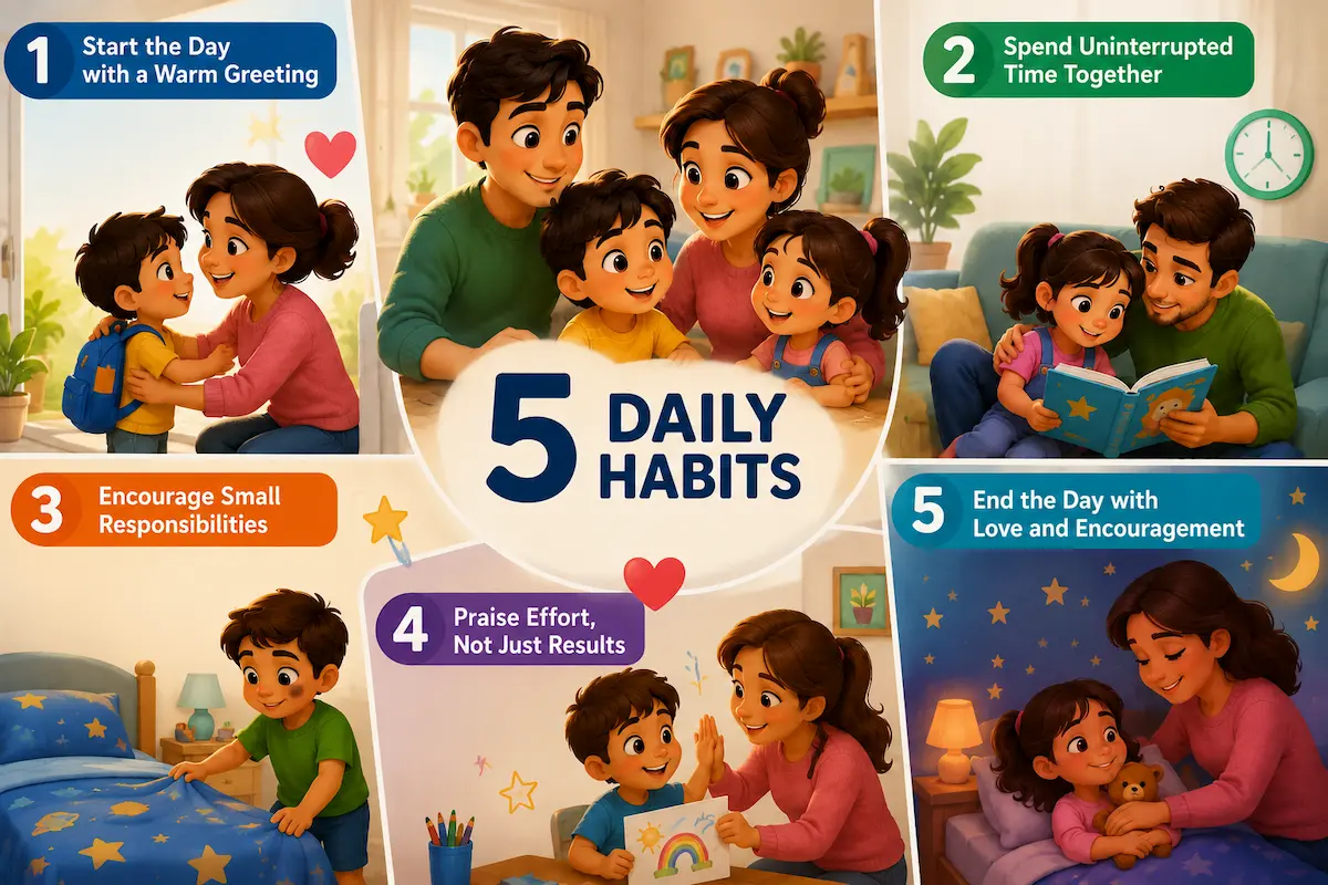 Colorful infographic showing five parenting habits: starting the day with a warm greeting, spending uninterrupted time together, encouraging small responsibilities, praising effort, and ending the day with love and encouragement.