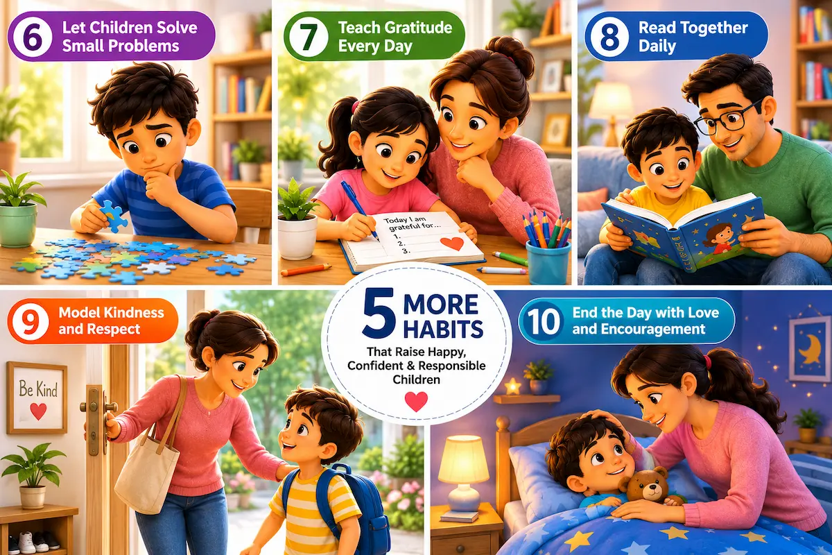 Colorful infographic showing five parenting habits: letting children solve small problems, teaching gratitude, reading together daily, modeling kindness and respect, and ending the day with love and encouragement.