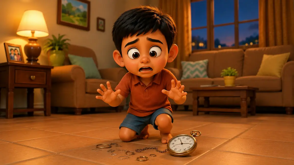 Grandpa’s Old Watch Breaks by Accident A frightened little boy kneels on the floor, staring at the broken pieces of his grandfather's pocket watch in a warmly lit living room.