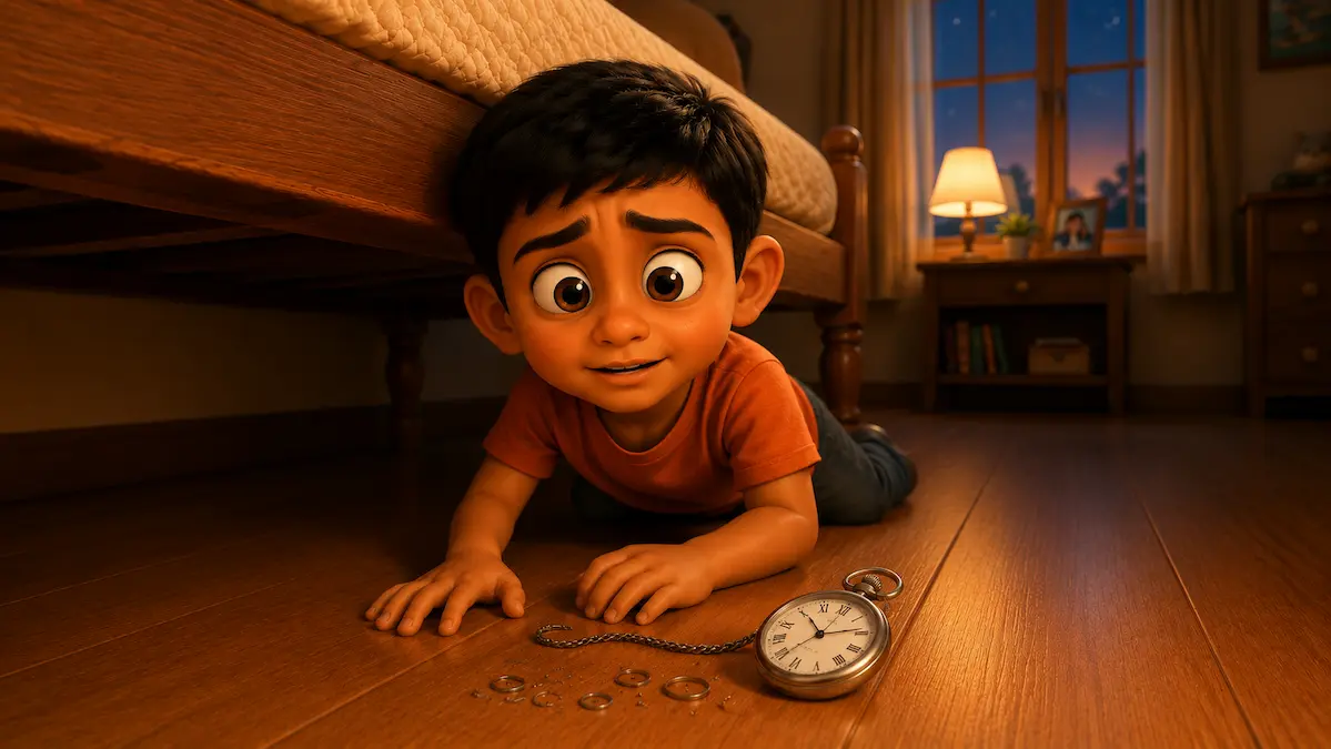 Hiding the Broken Watch A scared little boy hides under a bed at night while holding the broken pocket watch and its scattered pieces.