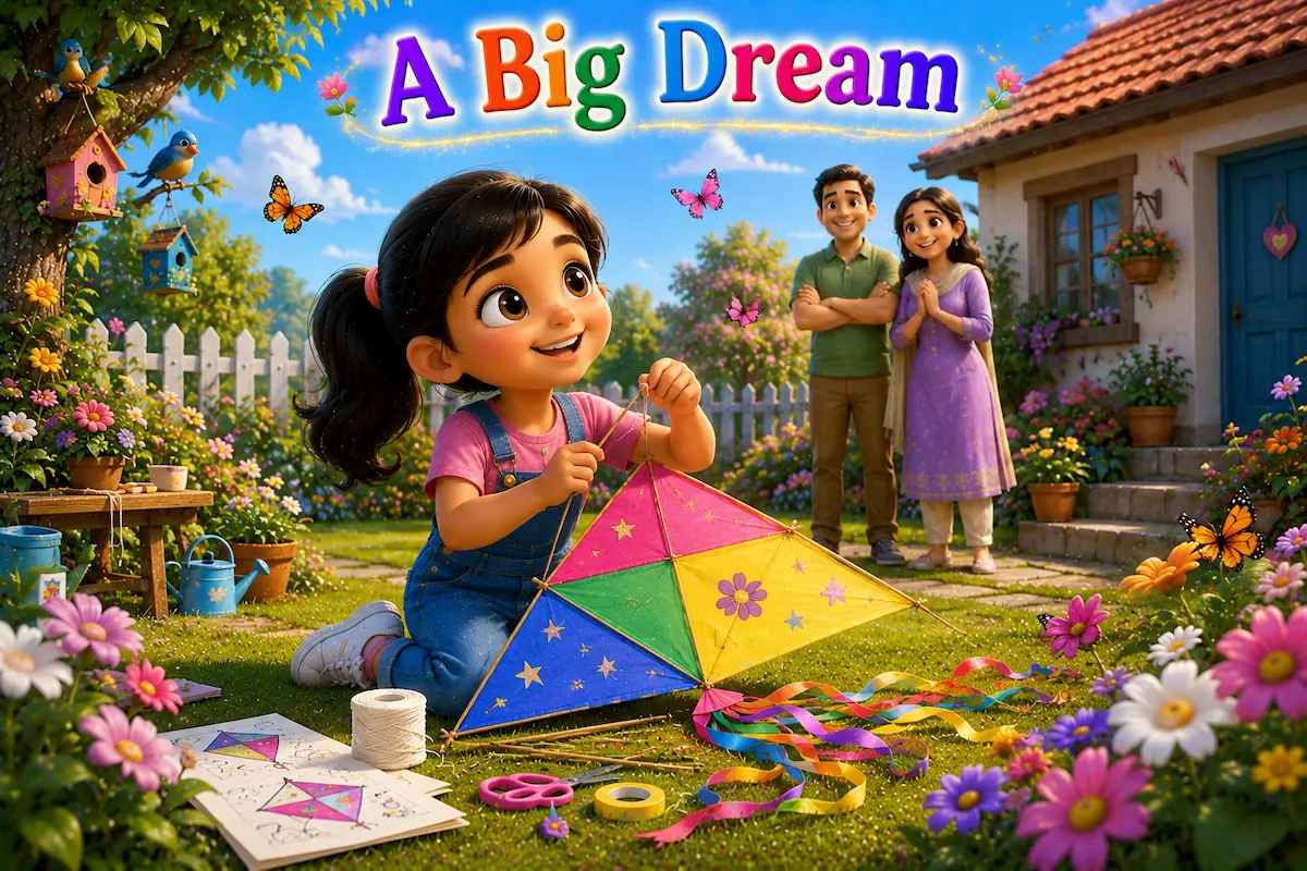 A Big Dream Young girl Anaya building her first colorful kite in her backyard while dreaming of flying it.
