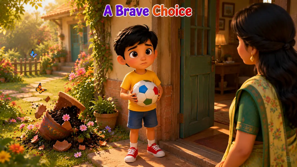 A Brave Choice Aarav holding a football while preparing to tell his mother the truth