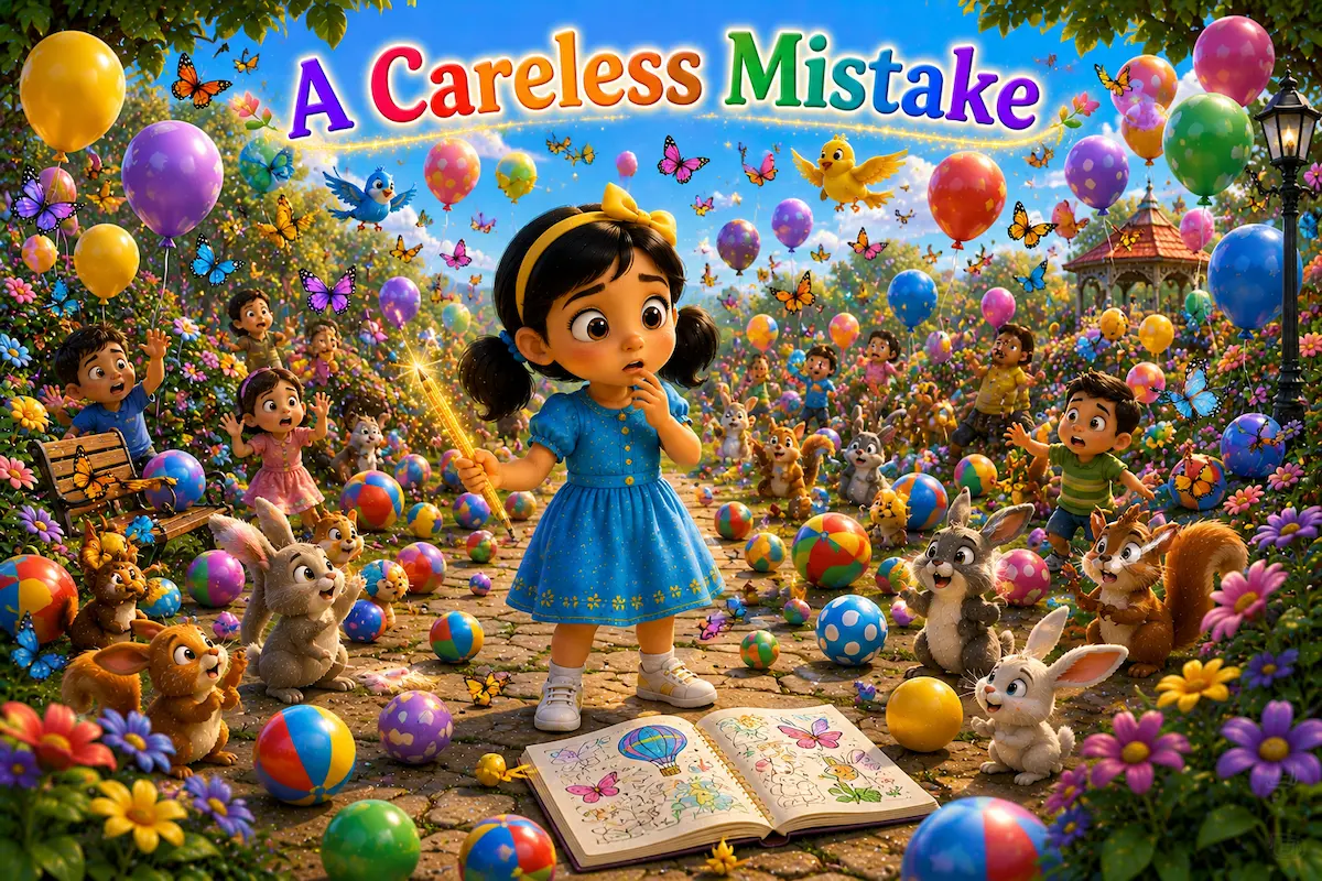 Maya looking worried as magical balloons, butterflies, and bouncing balls fill the crowded park. Caption