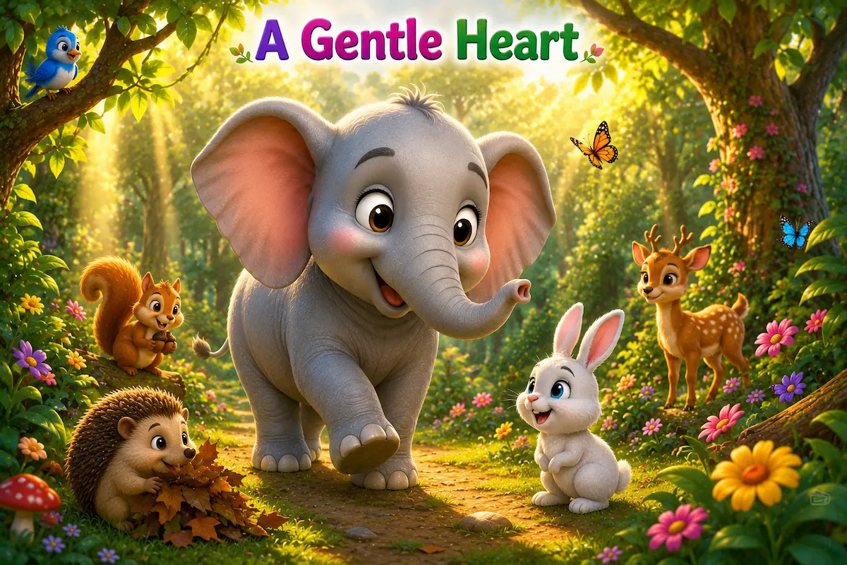 A Gentle Heart Ellie the little elephant kindly helping small forest animals in a sunny jungle.