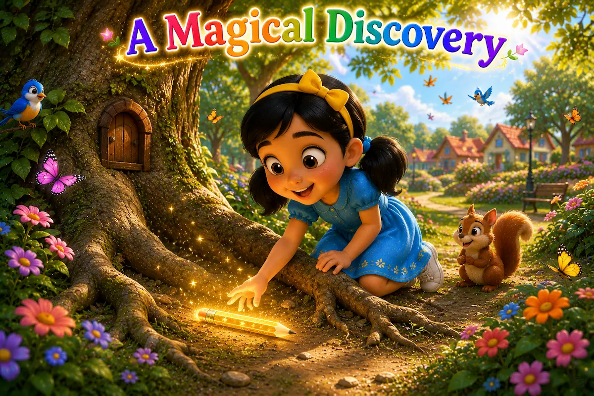 Little girl Maya discovers a glowing golden magic pencil beneath a large tree in a village park.