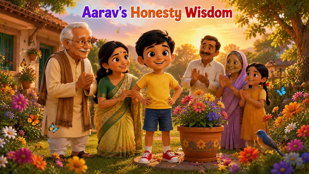 Aarav’s Honesty Wisdom Aarav proudly standing with his family in a blooming village garden at sunset