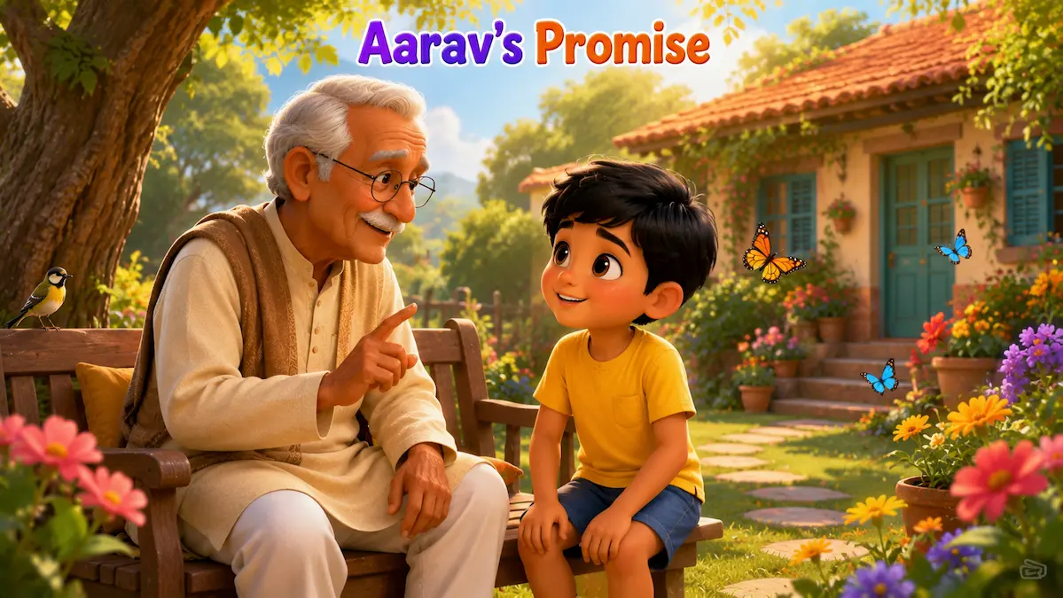 Aarav’s Promise Aarav listening carefully to his grandfather's advice in a peaceful village garden