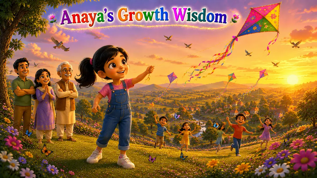 Anaya’s Growth Wisdom Anaya flying her kite at sunset while inspiring other children to fly their own kites.