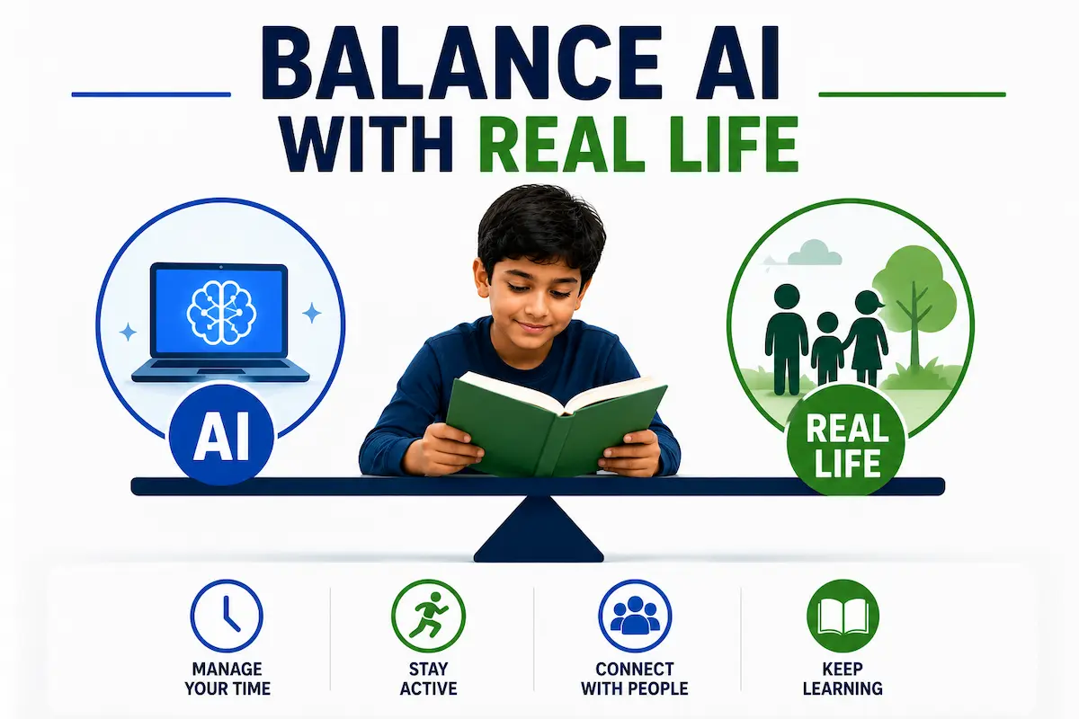 Balance AI with Real Life Child balancing screen time with reading, outdoor play, family activities, and learning.