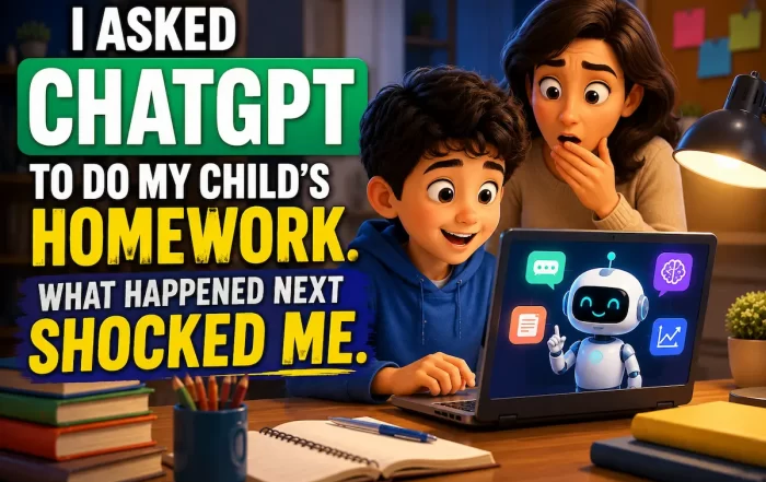 Parent and child looking at a laptop using ChatGPT to complete homework in a cozy study room.
