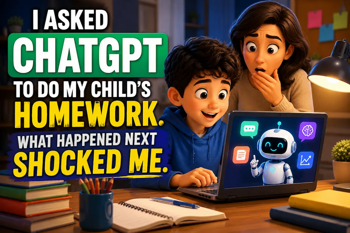 Parent and child looking at a laptop using ChatGPT to complete homework in a cozy study room.