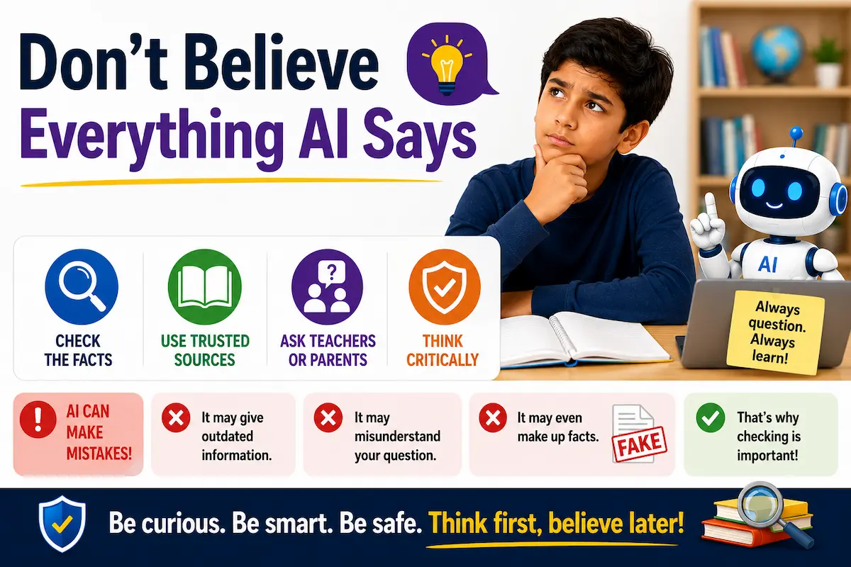 Don’t Believe Everything AI Says Child thinking critically while using AI on a laptop and checking information from trusted sources.