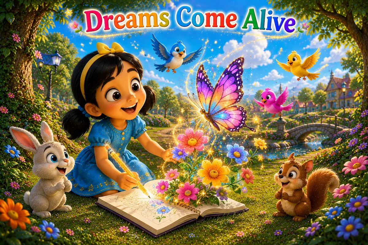 Maya drawing a colorful butterfly with a magical pencil as her drawings come to life.