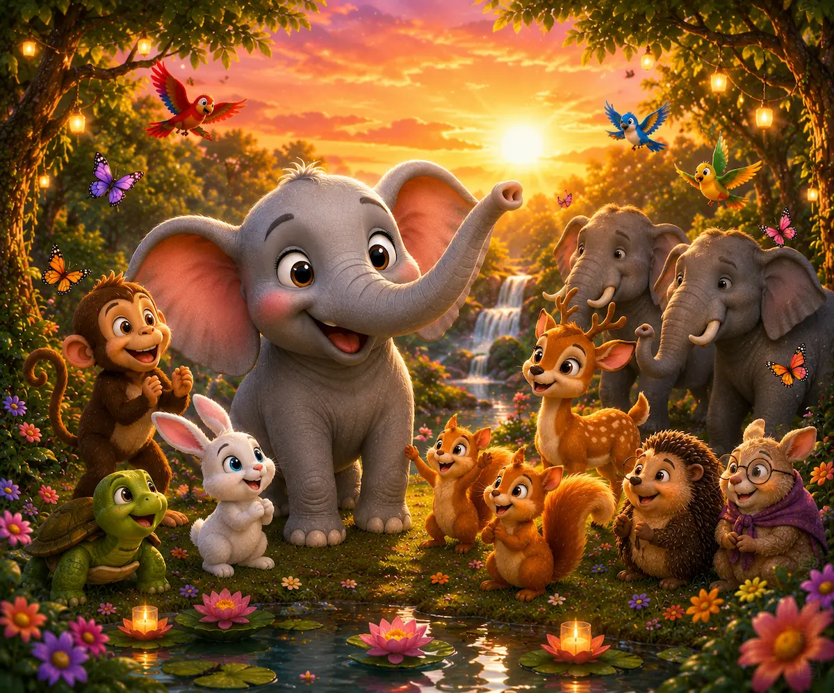 Ellie’s Forest Wisdom Ellie the little elephant celebrating friendship with happy forest animals at sunset.