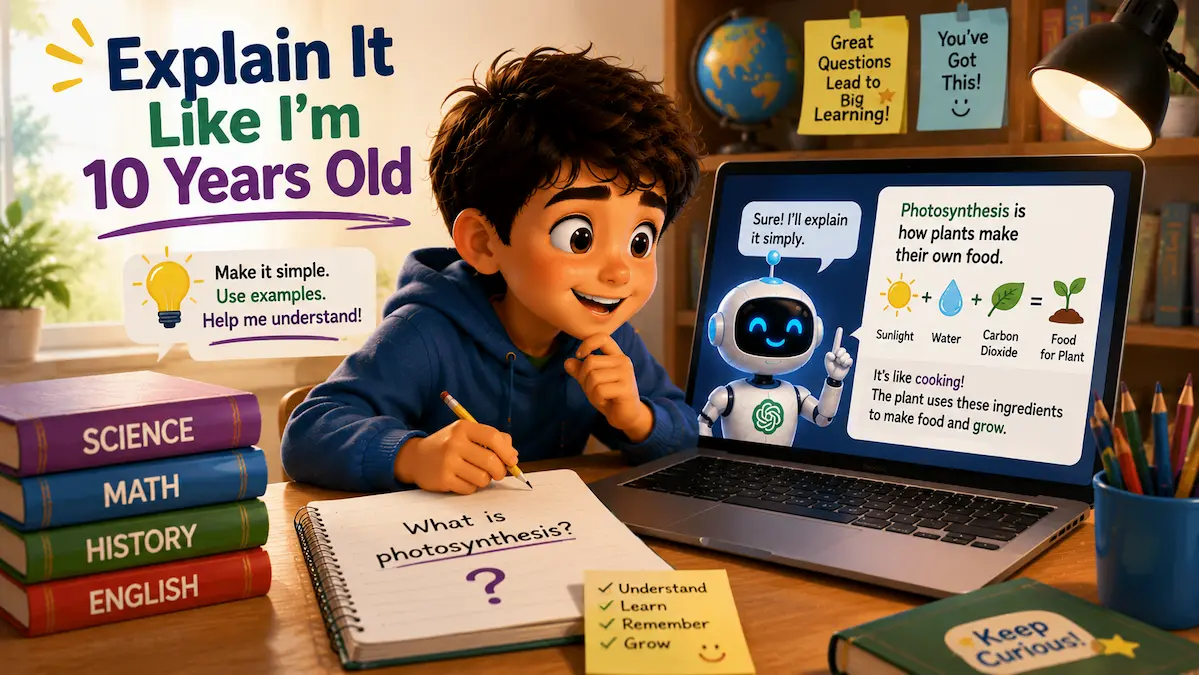 Explain It Like I’m 10 Years Old Young student asking ChatGPT to explain a lesson in simple language.