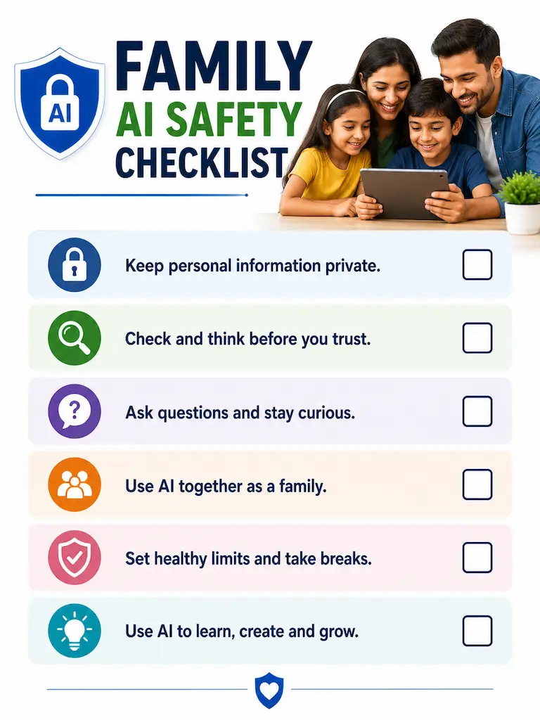 Family AI Safety Checklist for Parents and Children Family reviewing an AI safety checklist together before using artificial intelligence tools.