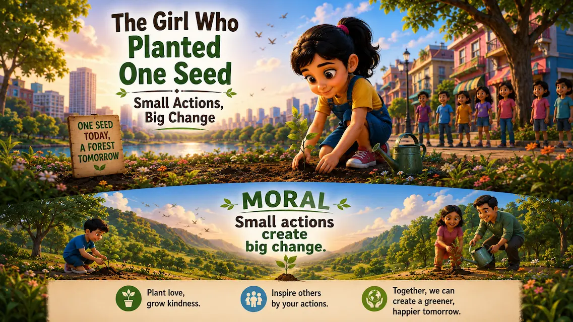 A collage showing children planting trees with the message that small actions create big change and inspire others.