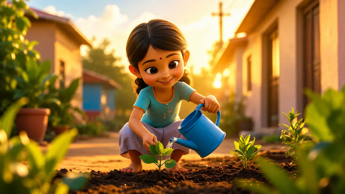 A little girl happily waters a newly planted sapling outside her home during a golden evening.