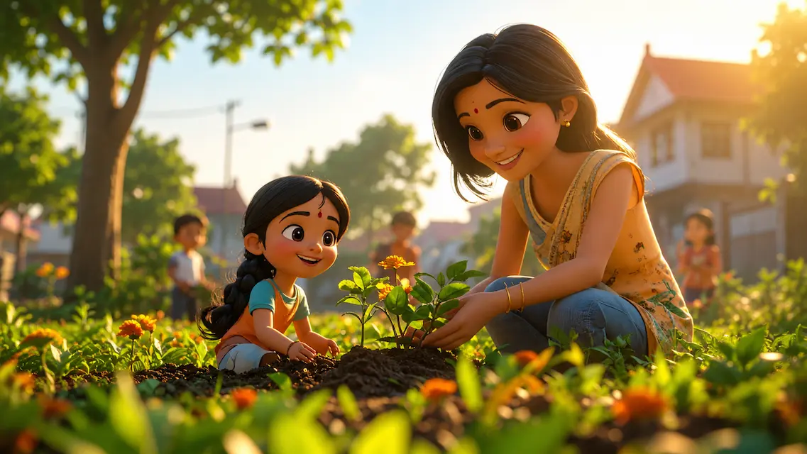 A cheerful young girl and her mother plant a flowering sapling together in a lush community garden during a warm golden evening, surrounded by greenery and smiling neighbors.
