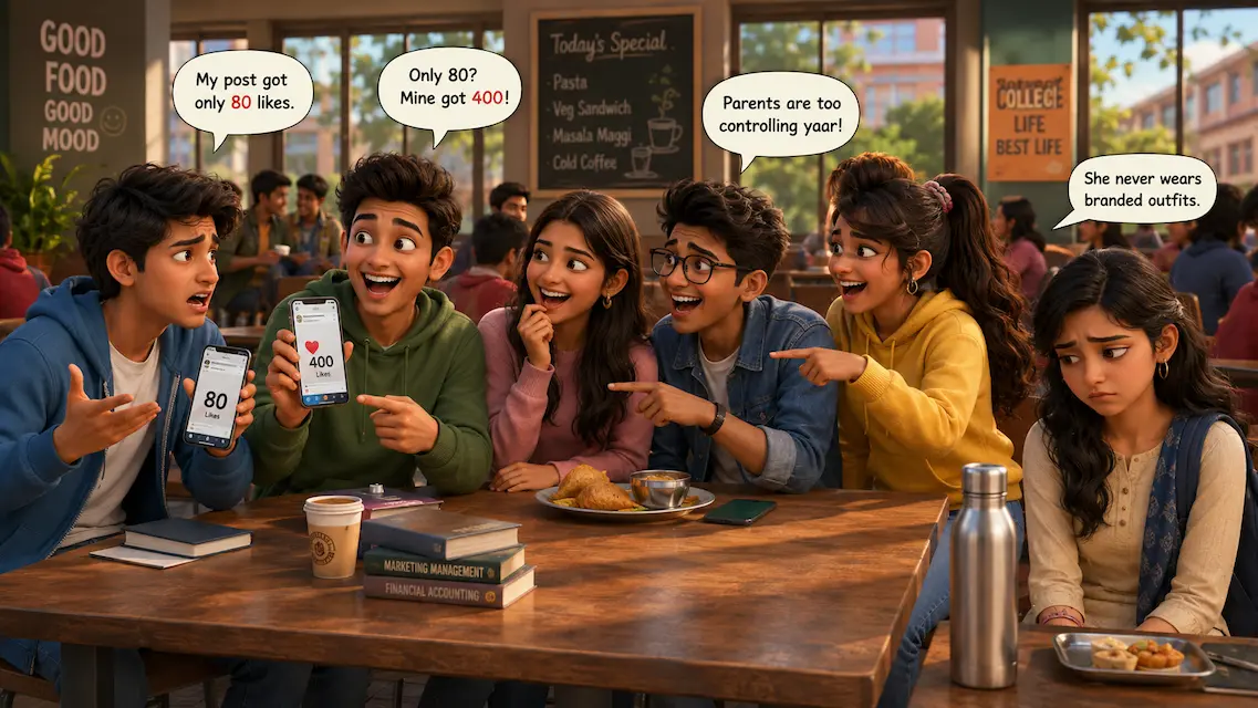 A group of college friends compare social media likes, discuss branded clothes, and complain about parents in the college canteen while a thoughtful professor quietly observes from a nearby table.