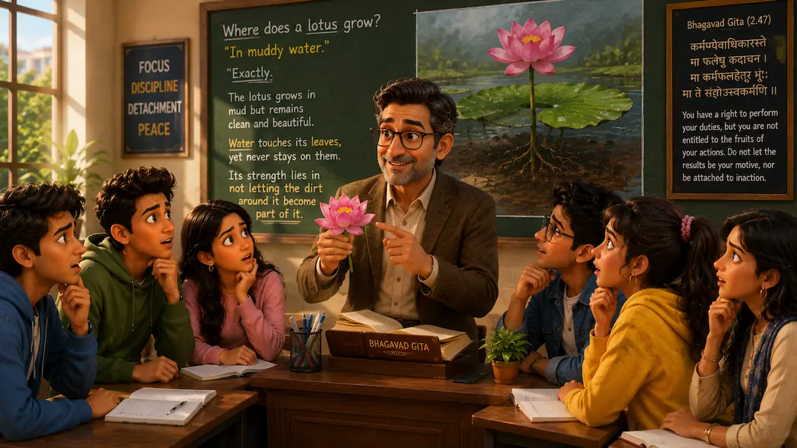 Professor Shah holds a pink lotus flower while explaining that it grows in muddy water yet remains clean and beautiful.