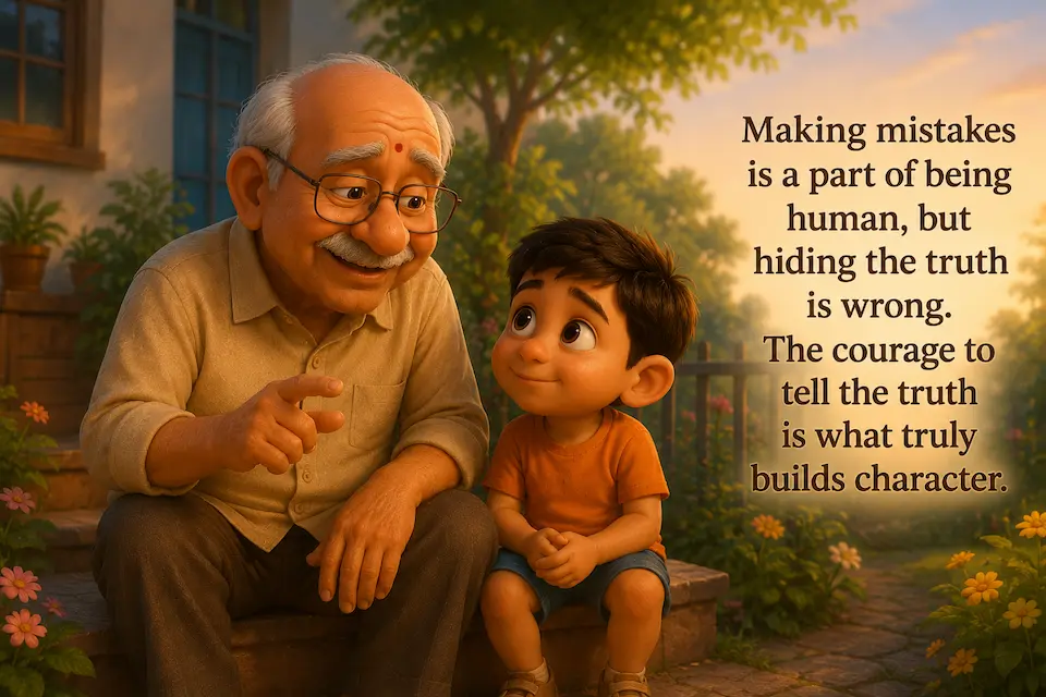 Grandpa’s Lesson on Honesty and Courage A smiling grandfather lovingly teaches a young boy an important lesson about honesty while they sit together in a beautiful garden at sunset, with an inspirational quote about truth and character beside them.