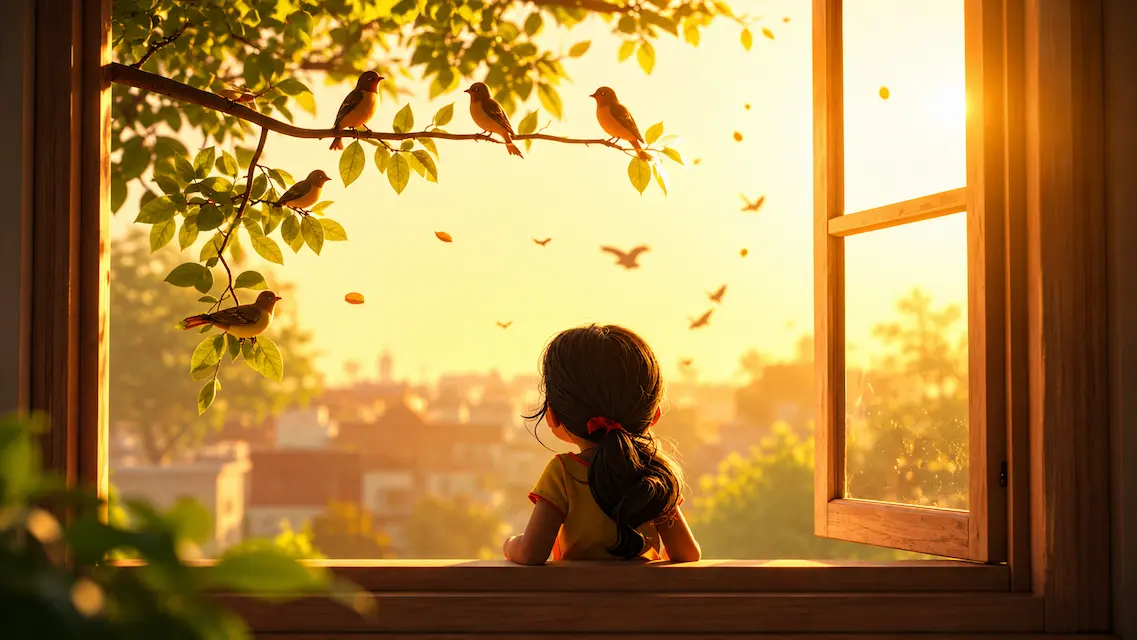 A little girl looks out of her window as birds rest on leafy branches outside during a glowing sunset.
