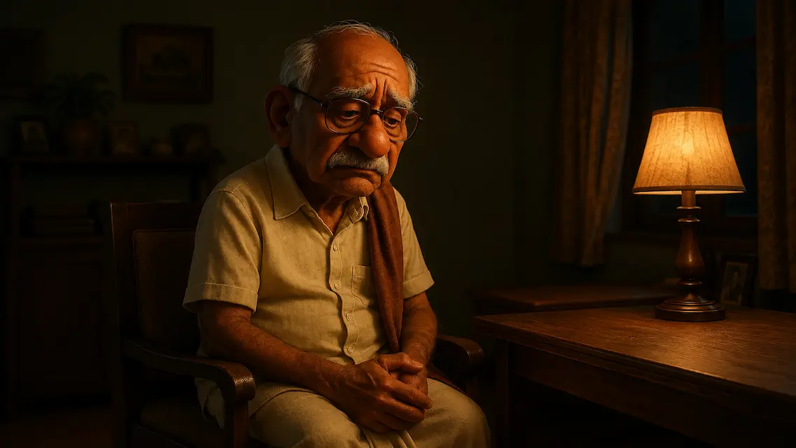 An elderly grandfather sits quietly in a chair with a sad expression, unaware of what happened to his cherished watch. Grandpa's Silent Worry