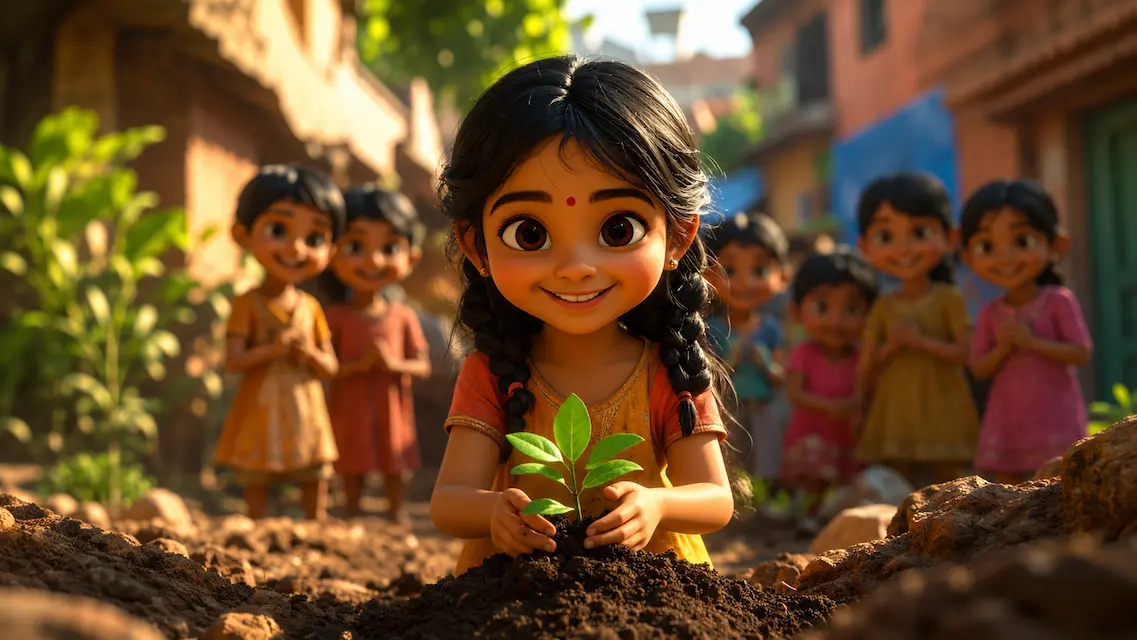 A smiling little girl plants a sapling while neighborhood children watch and cheer her on.