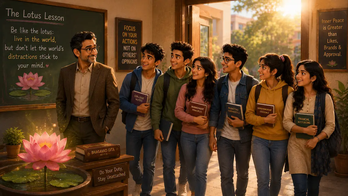 Professor Shah and six smiling college students leave the classroom after learning the Bhagavad Gita's lesson on detachment.