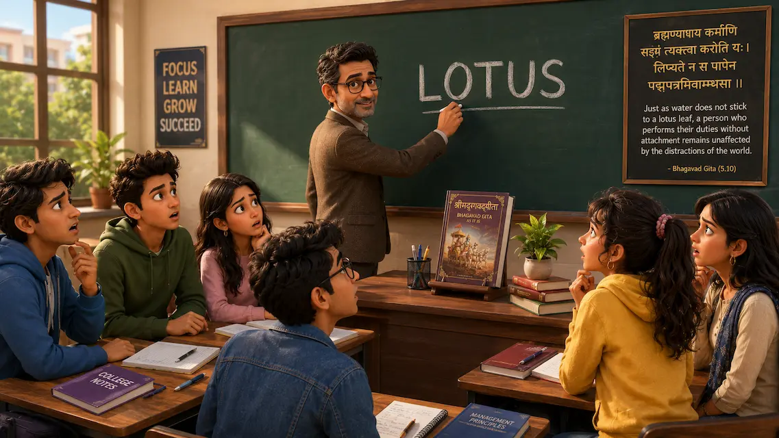 Professor Shah writes the word "LOTUS" on the classroom board as curious college students watch attentively.
