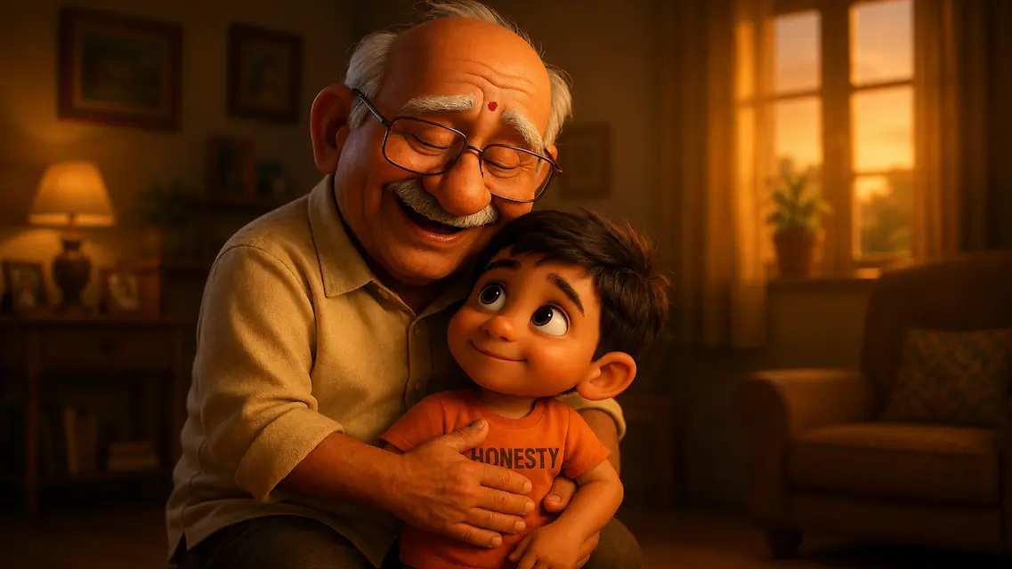 A smiling grandfather warmly hugs the little boy after forgiving him for accidentally breaking the watch. Forgiveness Is Greater Than Any Treasure