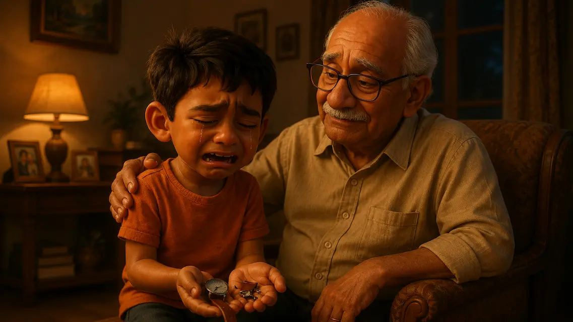 A crying young boy shows the broken watch to his grandfather while confessing the truth, as Grandpa comforts him with a gentle smile. Honesty Brings Courage