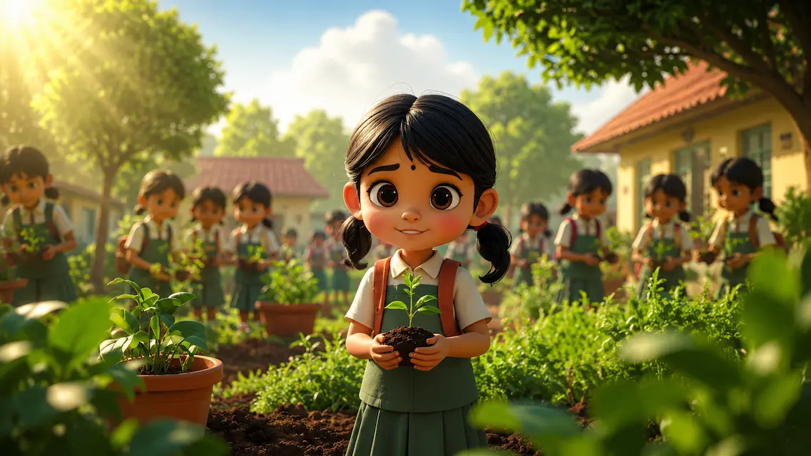 A cheerful little schoolgirl holding a young sapling while classmates plant trees together in a lush school garden during the morning.