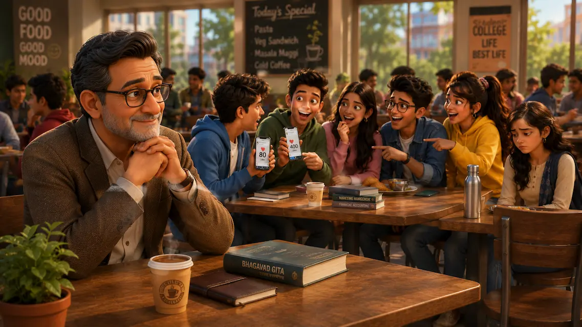 A group of college friends compare social media likes, discuss branded clothes, and complain about parents in the college canteen while a thoughtful professor quietly observes from a nearby table.