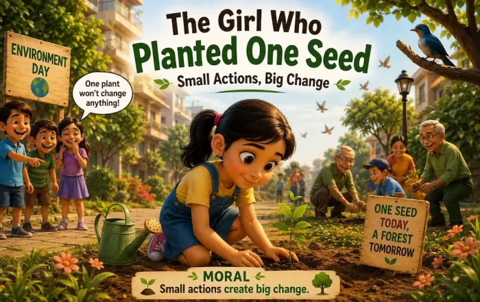 A young girl plants a sapling in a community garden while children and elders join together during Environment Day.