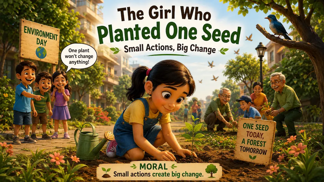 A young girl plants a sapling in a community garden while children and elders join together during Environment Day.